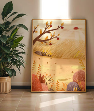 Autumn landscape illustration with apple tree and sunrise in a serene field