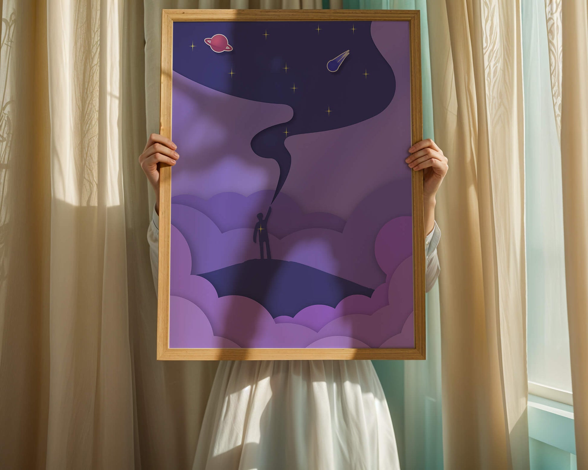 Silhouette in a cosmic landscape with stars and planets