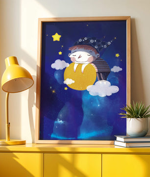 Scène nocturne onirique avec un enfant étreignant la lune