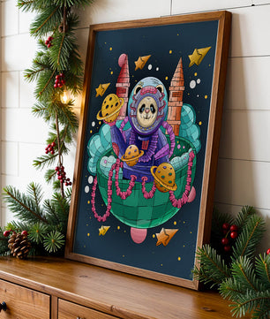 Whimsical space panda illustration with planets and stars