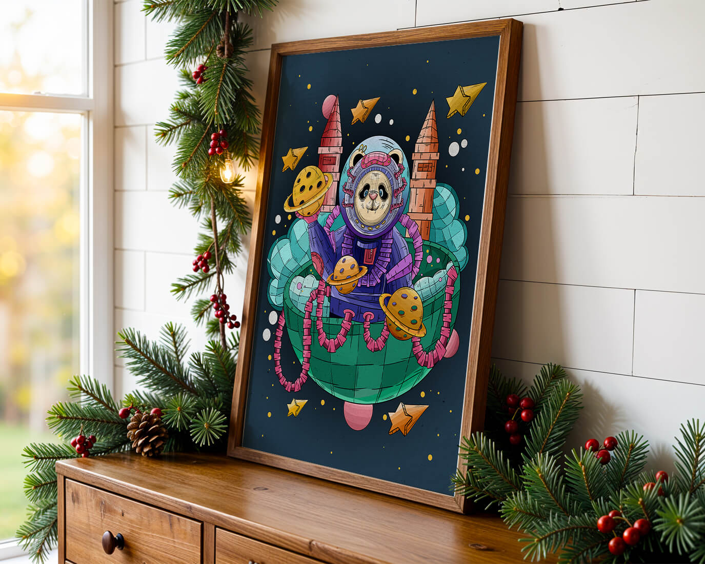 Whimsical space panda illustration with planets and stars