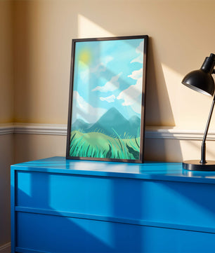 Sunny Day Overlooking a Mountain Landscape with Rolling Hills and Blue Sky