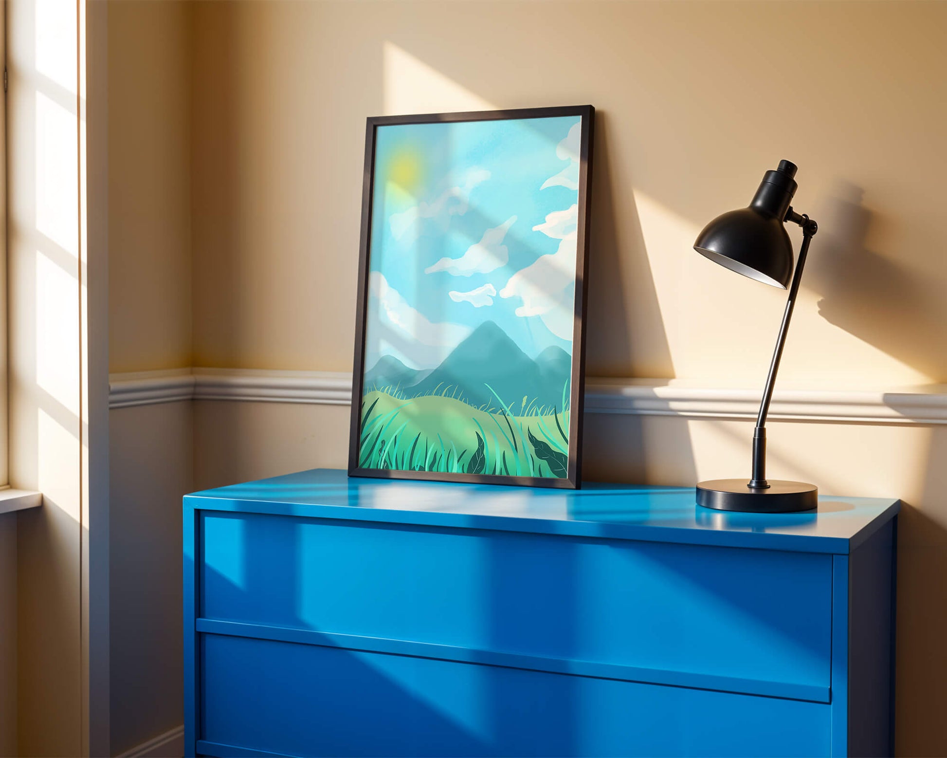 Sunny Day Overlooking a Mountain Landscape with Rolling Hills and Blue Sky