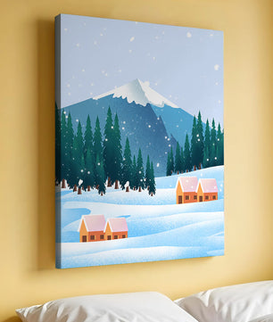 Winter Mountain Landscape with Snowy Cabins and Forest - Mi tienda