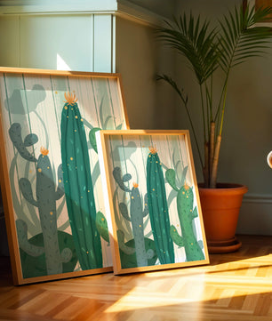 Colorful Cacti with Golden Elements on a Textured Background