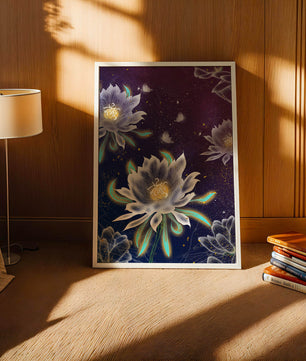 Floral Fantasy with Glowing Elements and Butterflies in Night Sky