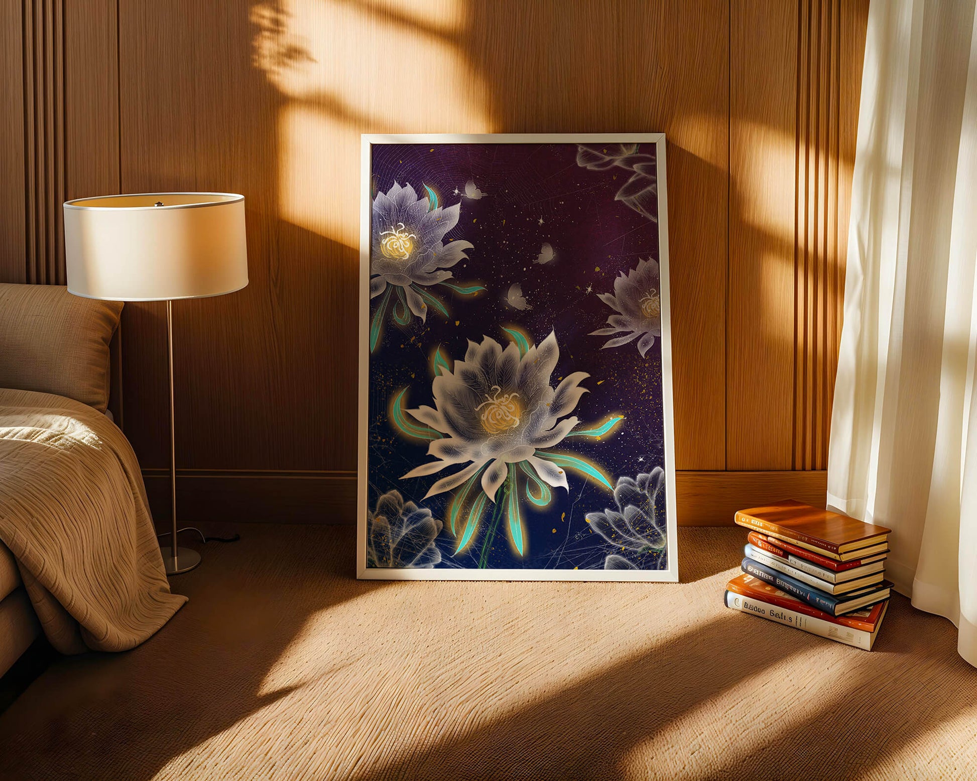 Floral Fantasy with Glowing Elements and Butterflies in Night Sky