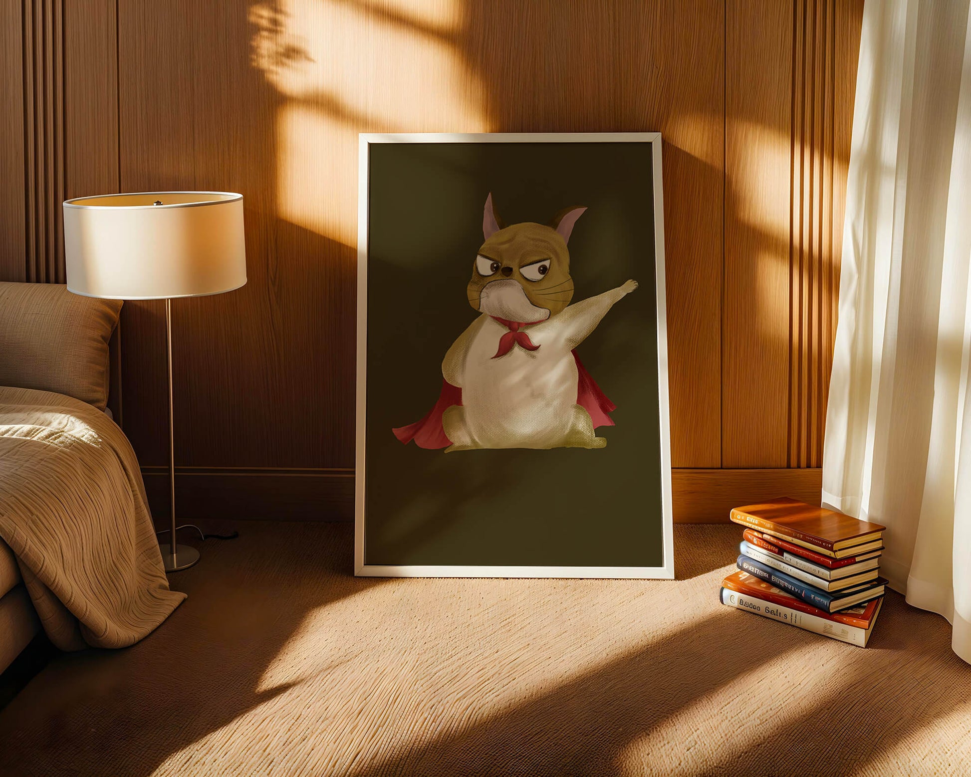 Cartoon superhero dog with red cape illustrating playful strength