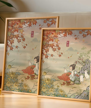 Traditional Chinese painting with autumn scenery and lady sipping tea