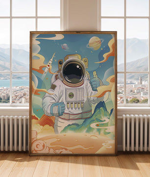 Colorful illustration of an astronaut in space with planets and rocket