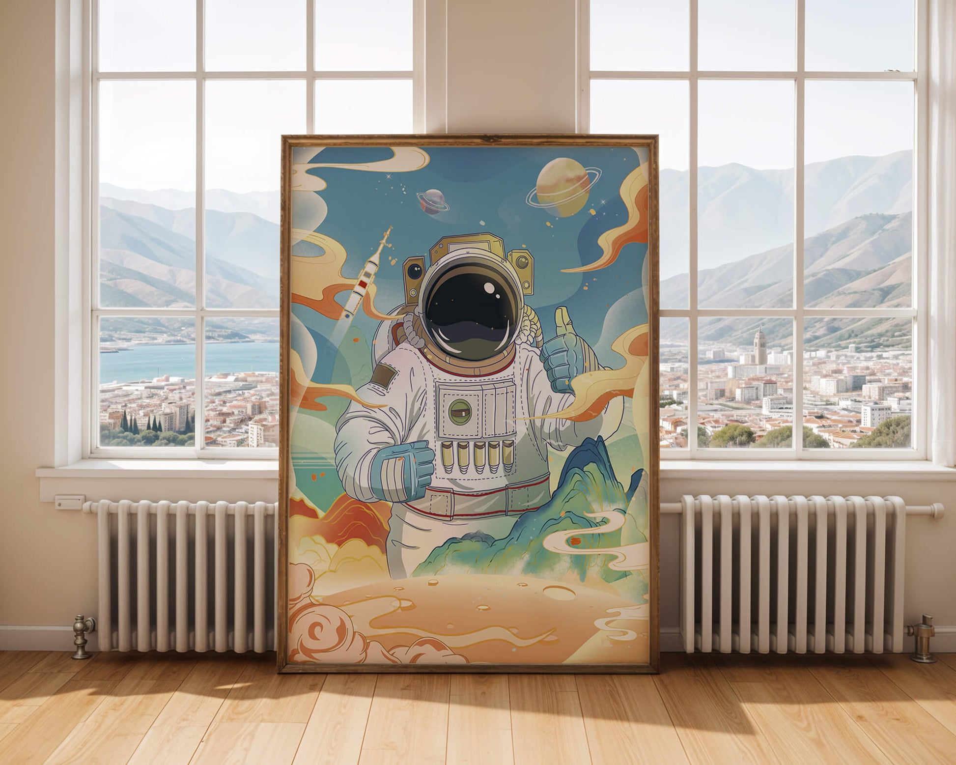 Colorful illustration of an astronaut in space with planets and rocket
