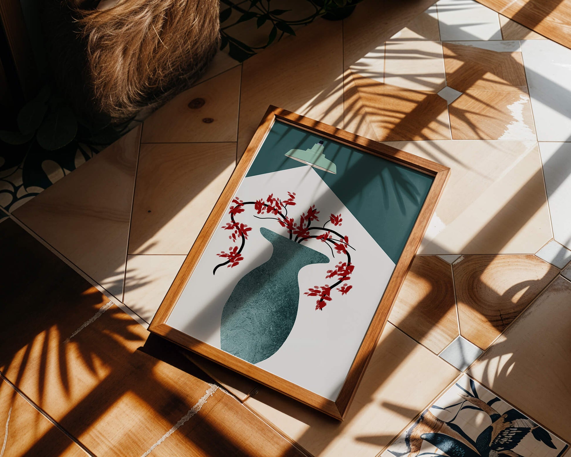 Modern Minimalist Vase with Red Flowers Under Green Lamp