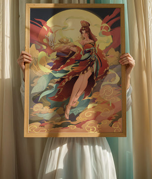 An enchanting depiction of a celestial figure with a mystical rabbit and vibrant attire