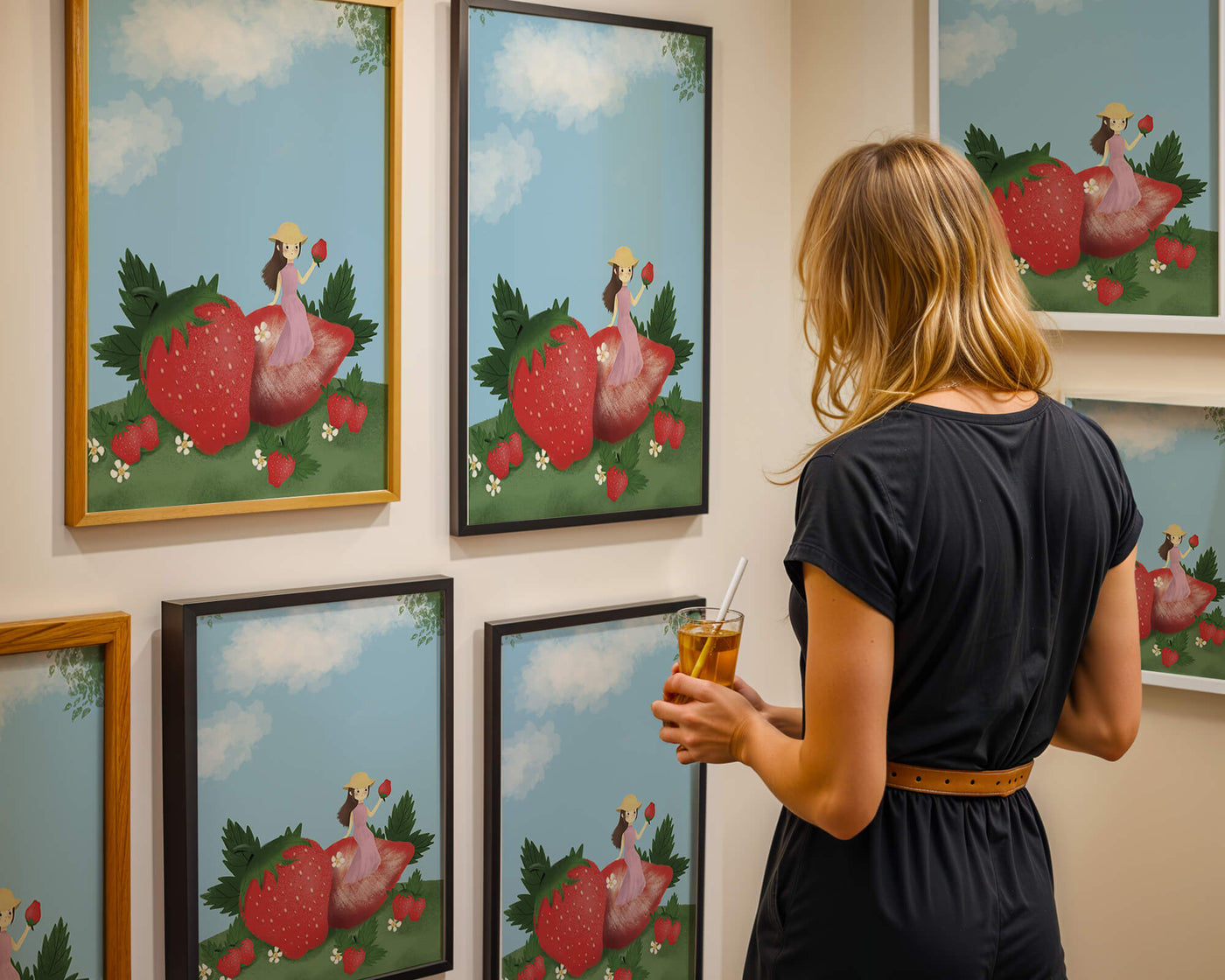 Charming illustration of a girl in a strawberry field