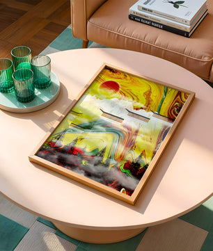 Abstract Landscape with Swirling Colors and Red Sun