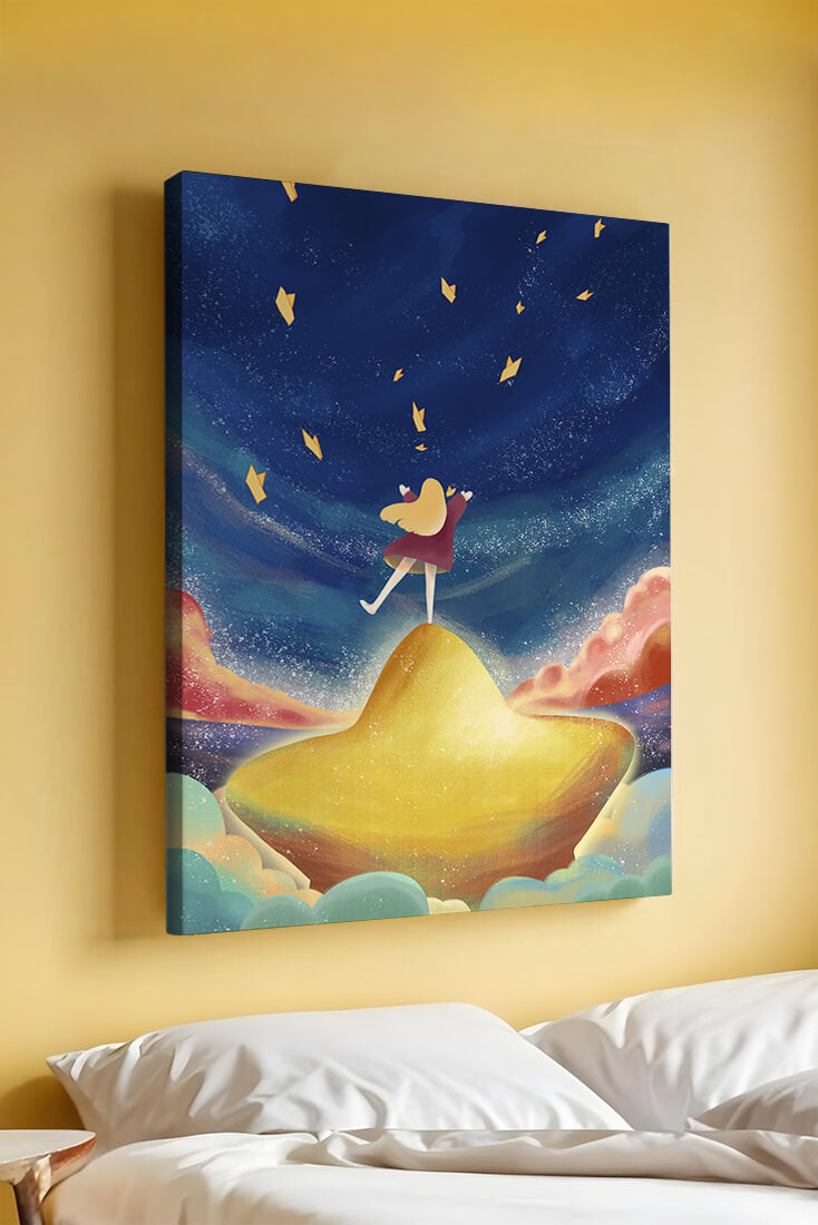 Girl standing on a golden hill reaching for stars in a dreamy night sky