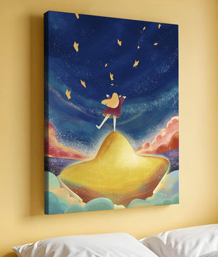 Girl standing on a golden hill reaching for stars in a dreamy night sky