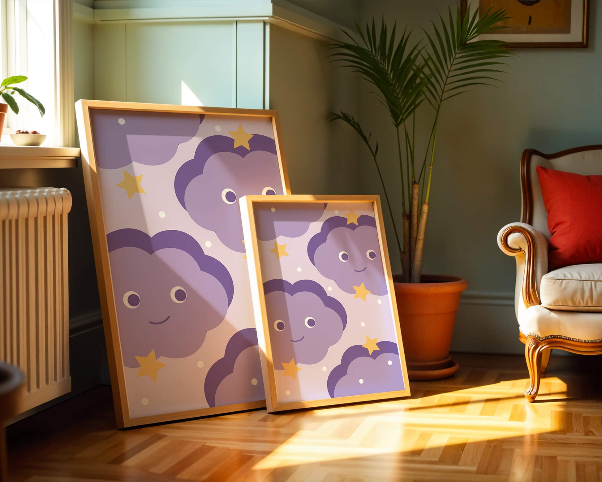 Whimsical purple cloud and star pattern for children's room decor