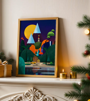 Colorful Modern Landscape with Geometric Elements and A House by The Lake Under The Night Sky