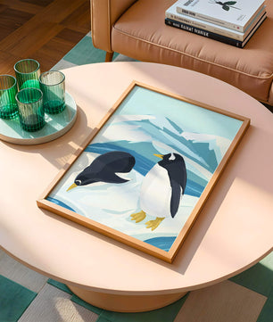 Gentoo penguins in an Antarctic landscape illustration