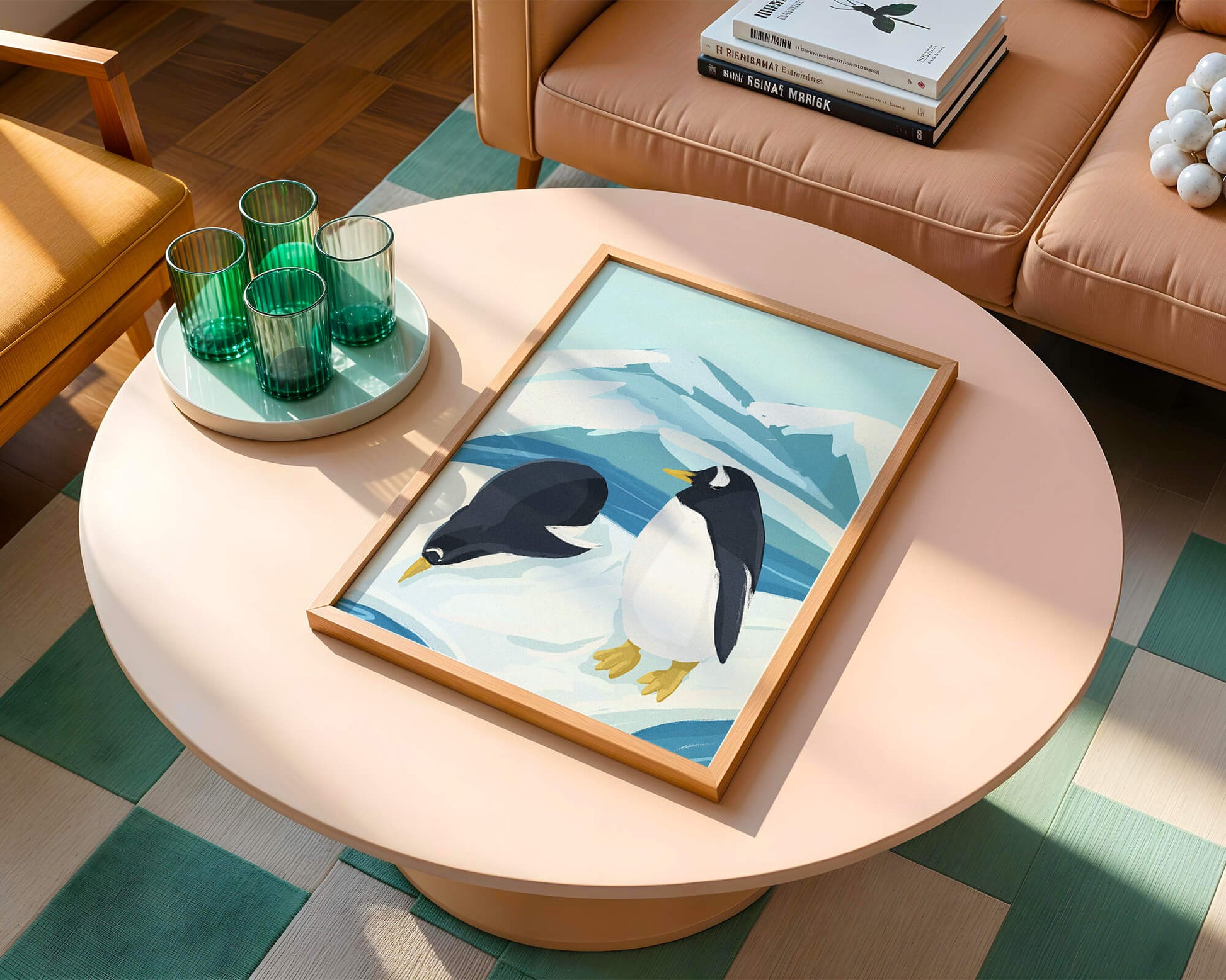 Gentoo penguins in an Antarctic landscape illustration