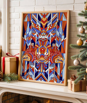 Arte tribal geométrico con colores vibrantes y patrones simétricos