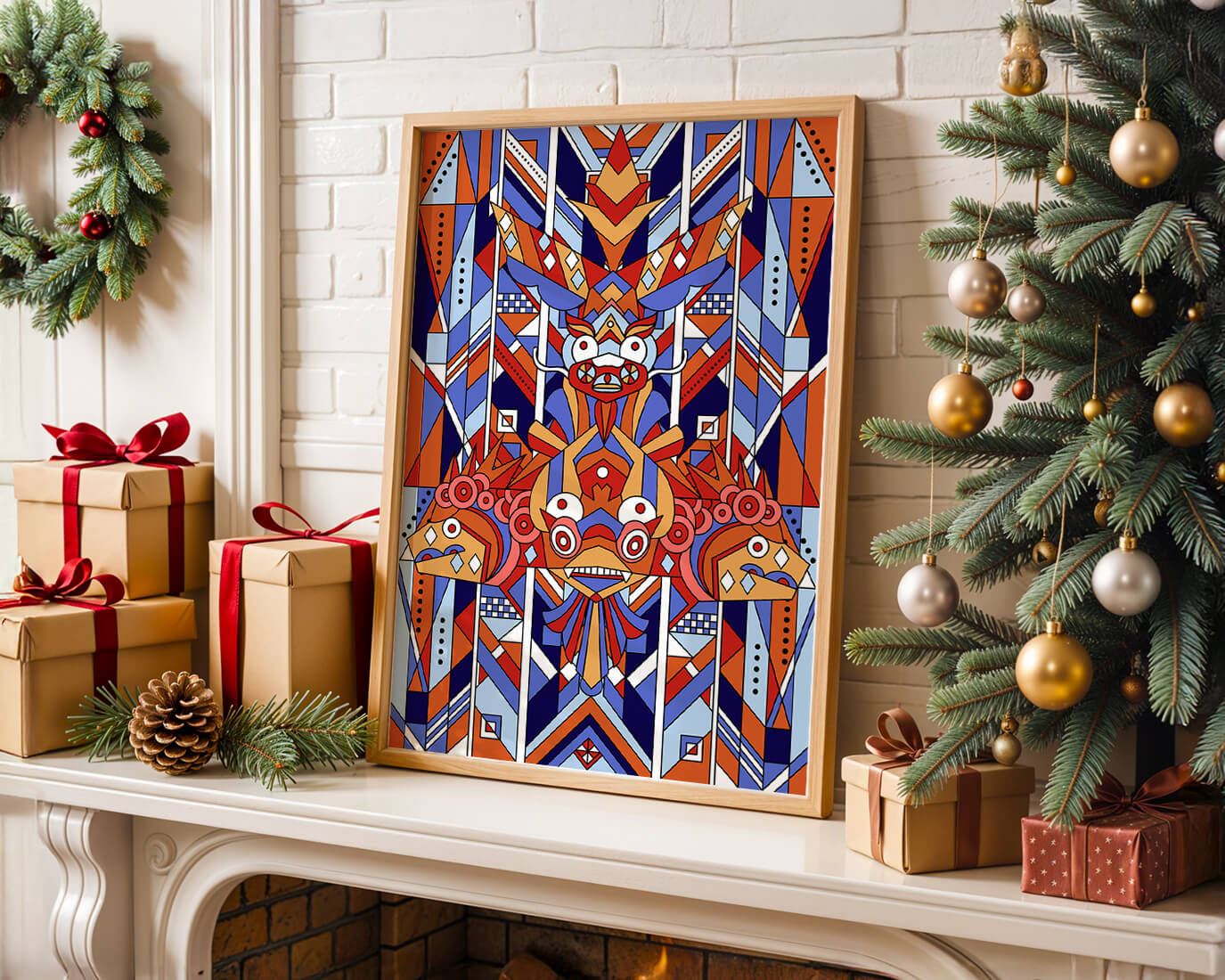 Arte tribal geométrico con colores vibrantes y patrones simétricos