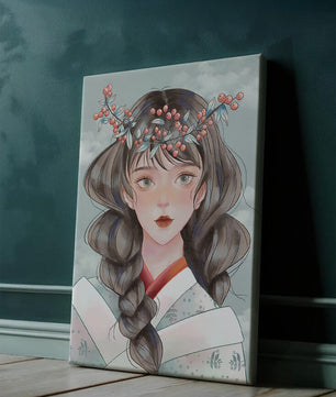 Illustration d'une jeune femme avec une coiffe florale sur fond de ciel nuageux