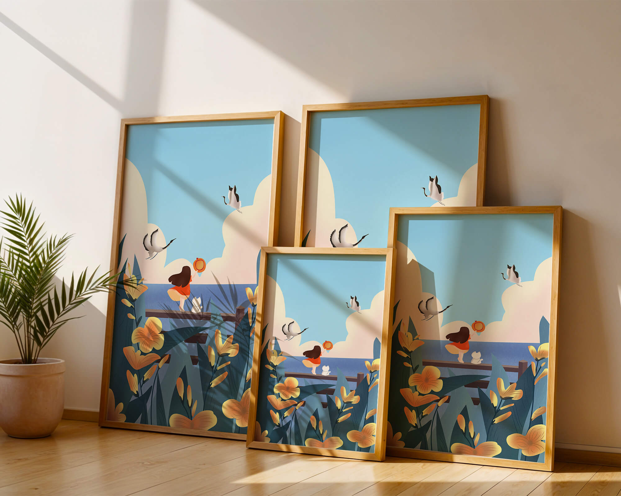 Serene seaside scene with girl, cat, and birds in nature