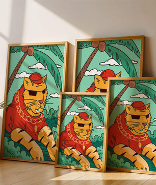 Stylish cartoon tiger lounging under a tropical palm tree with gold accessories