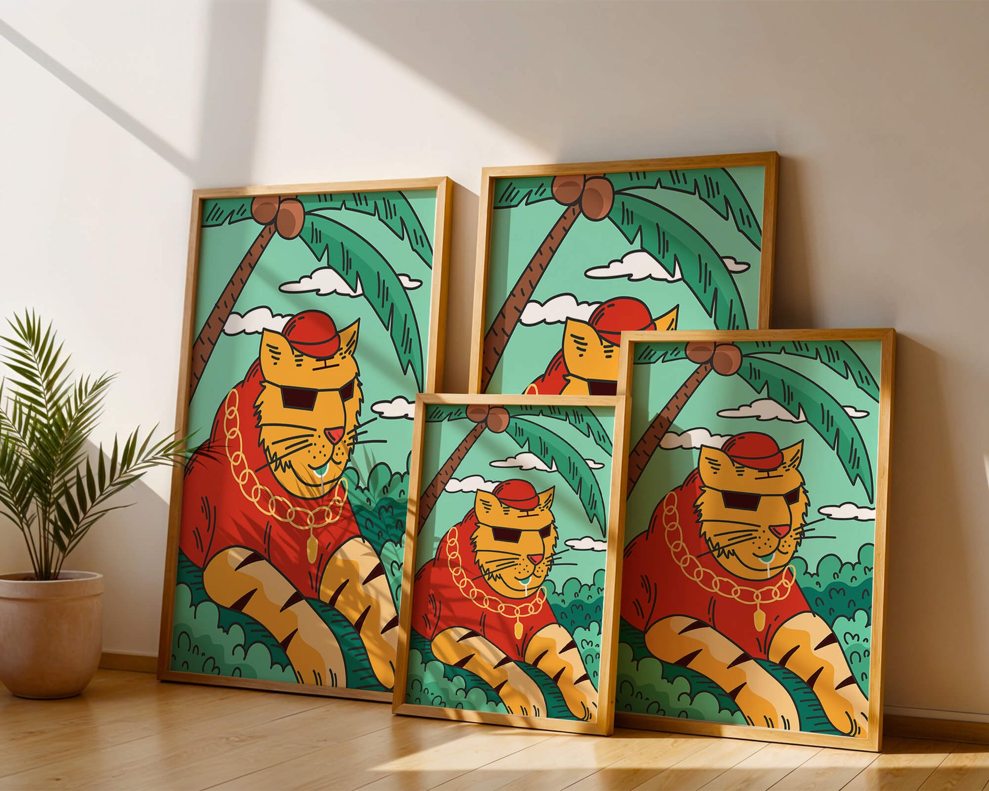 Stylish cartoon tiger lounging under a tropical palm tree with gold accessories