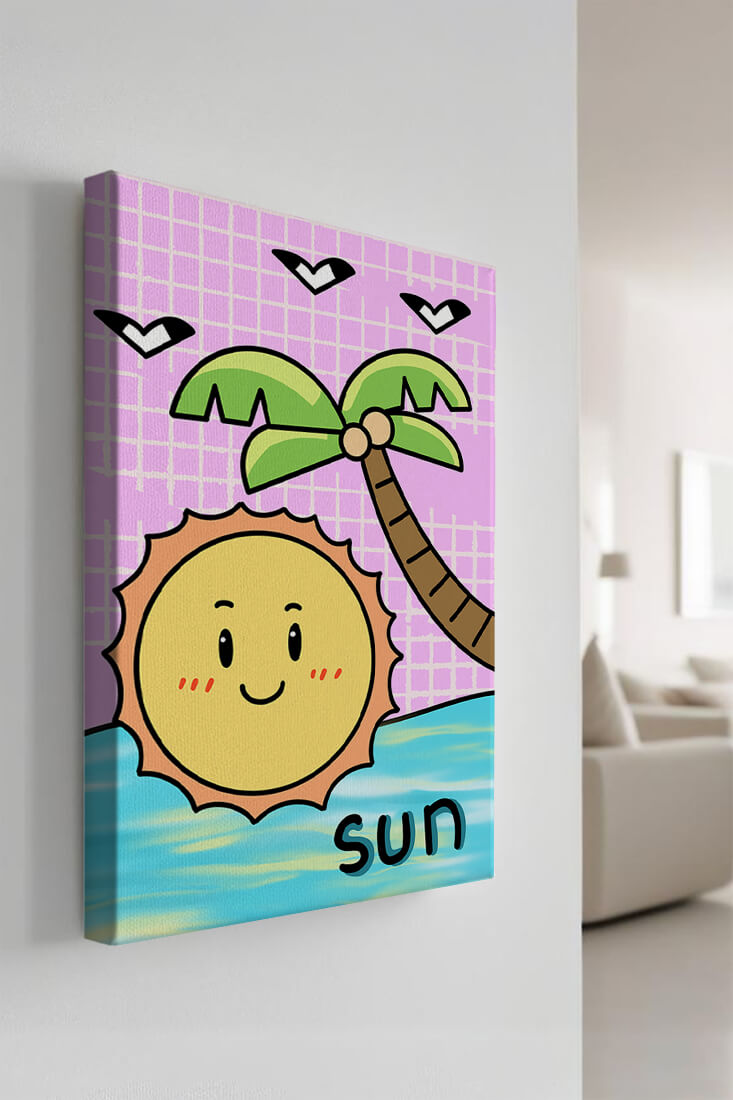 Cartoon sun with palm tree and ocean scene