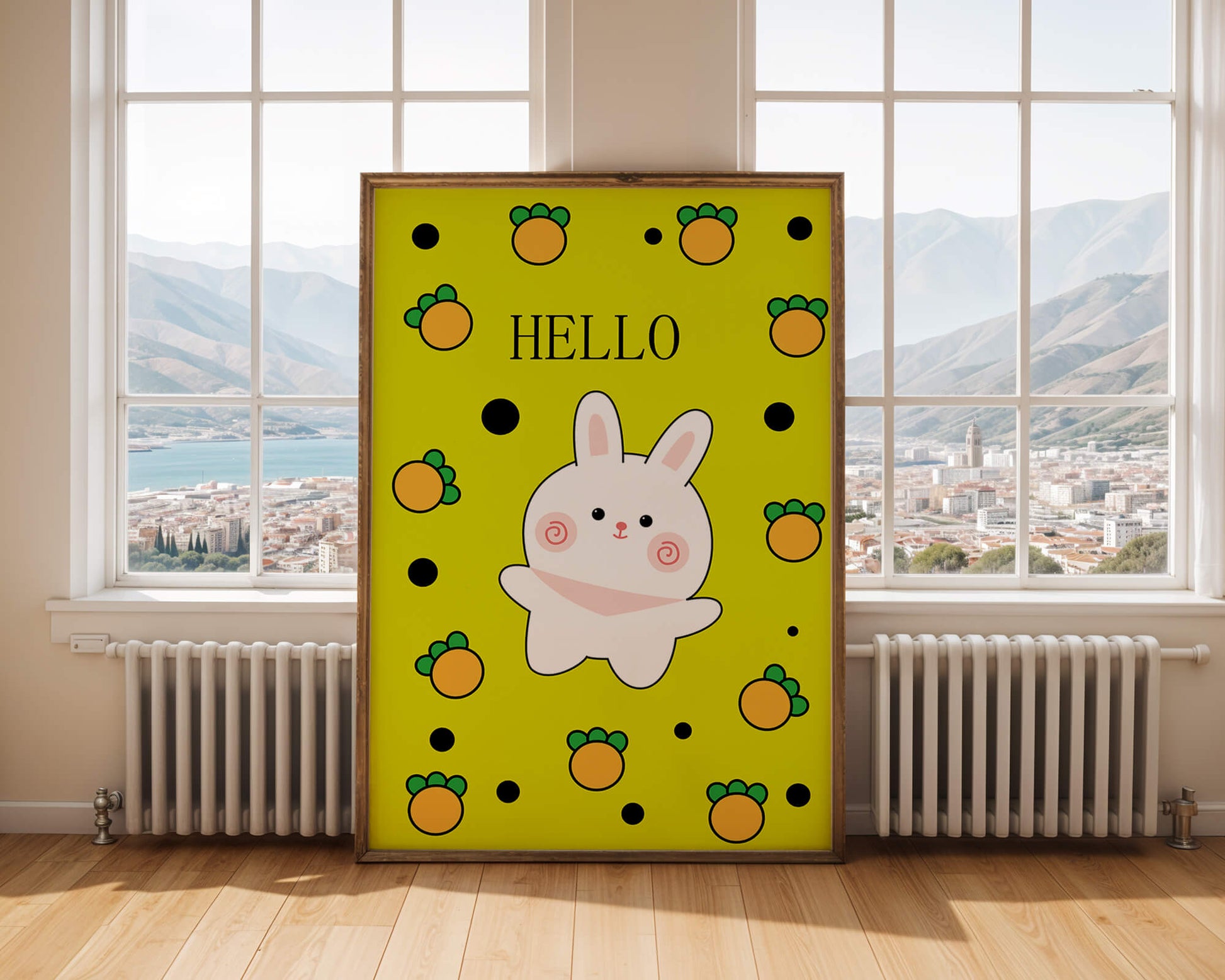 Charming rabbit cartoon illustration on yellow background with orange elements