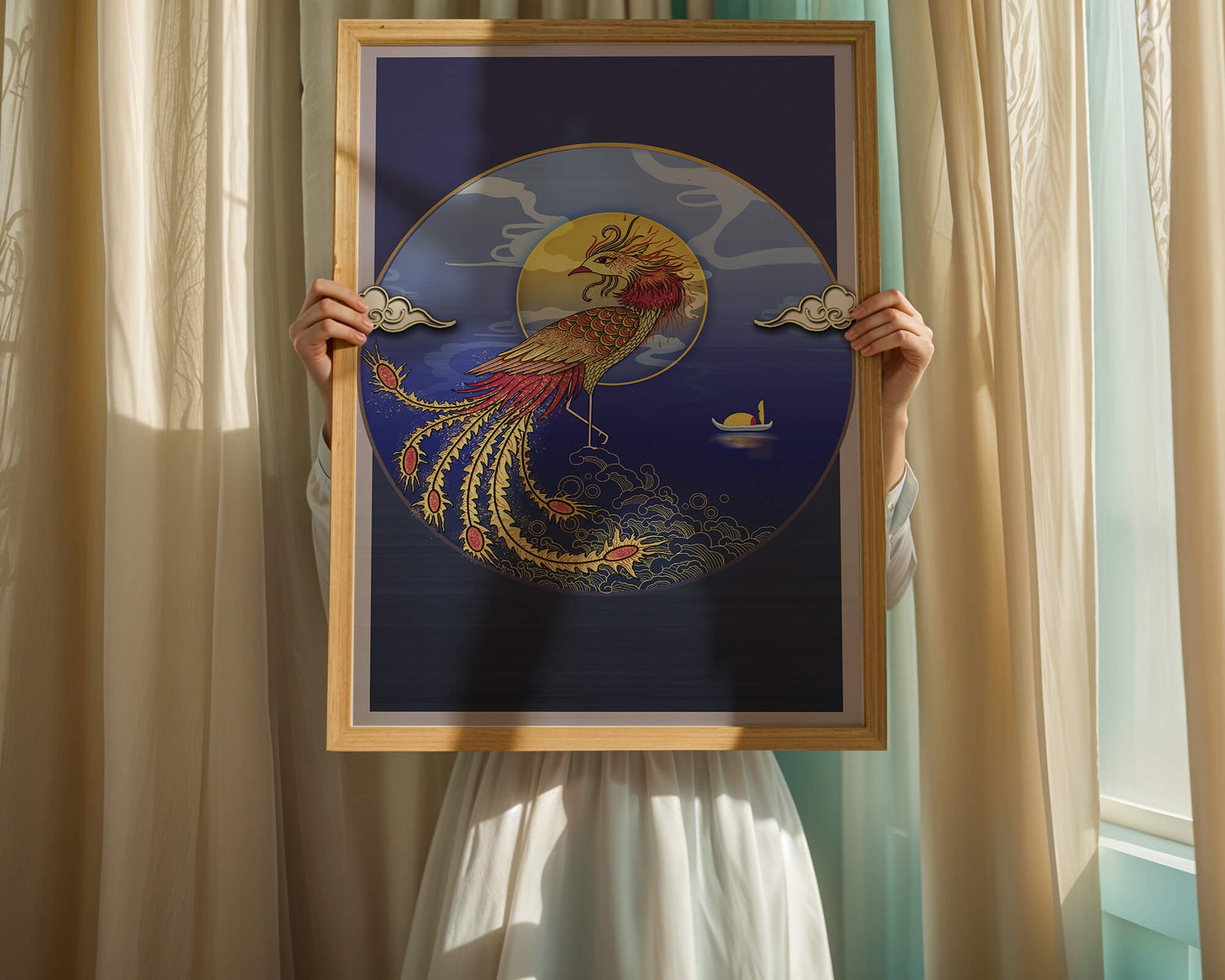 Golden Phoenix with Vibrant Feathers in Mystical Sea Setting