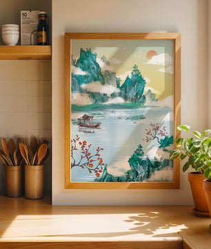 Serene lake scene with traditional boat and mountains under morning sun