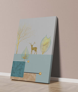 Abstrakte Komposition mit goldenem Hirsch und Blättern auf strukturiertem Hintergrund