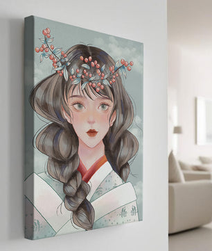 Illustration d'une jeune femme avec une coiffe florale sur fond de ciel nuageux