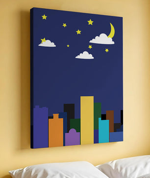 Night cityscape with colorful buildings and starry sky