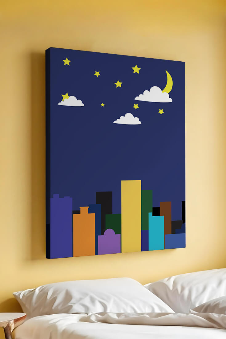 Night cityscape with colorful buildings and starry sky