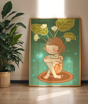 Ilustración de un niño con tocado floral y mariposas