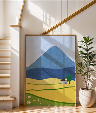 Serene Countryside Landscape with Mountain and Flowers
