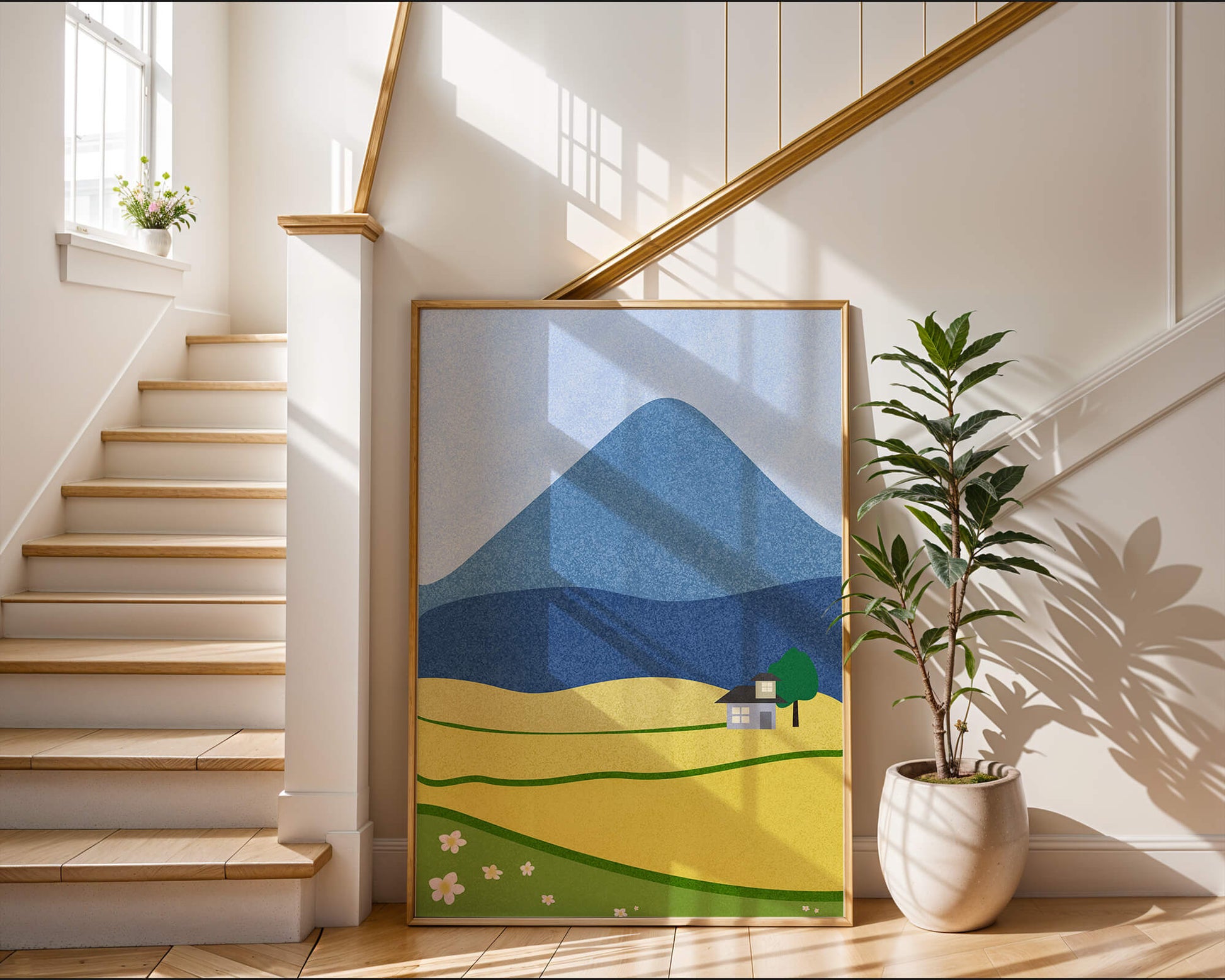 Serene Countryside Landscape with Mountain and Flowers