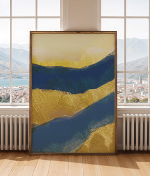 Paisaje abstracto con capas texturizadas en azul y amarillo