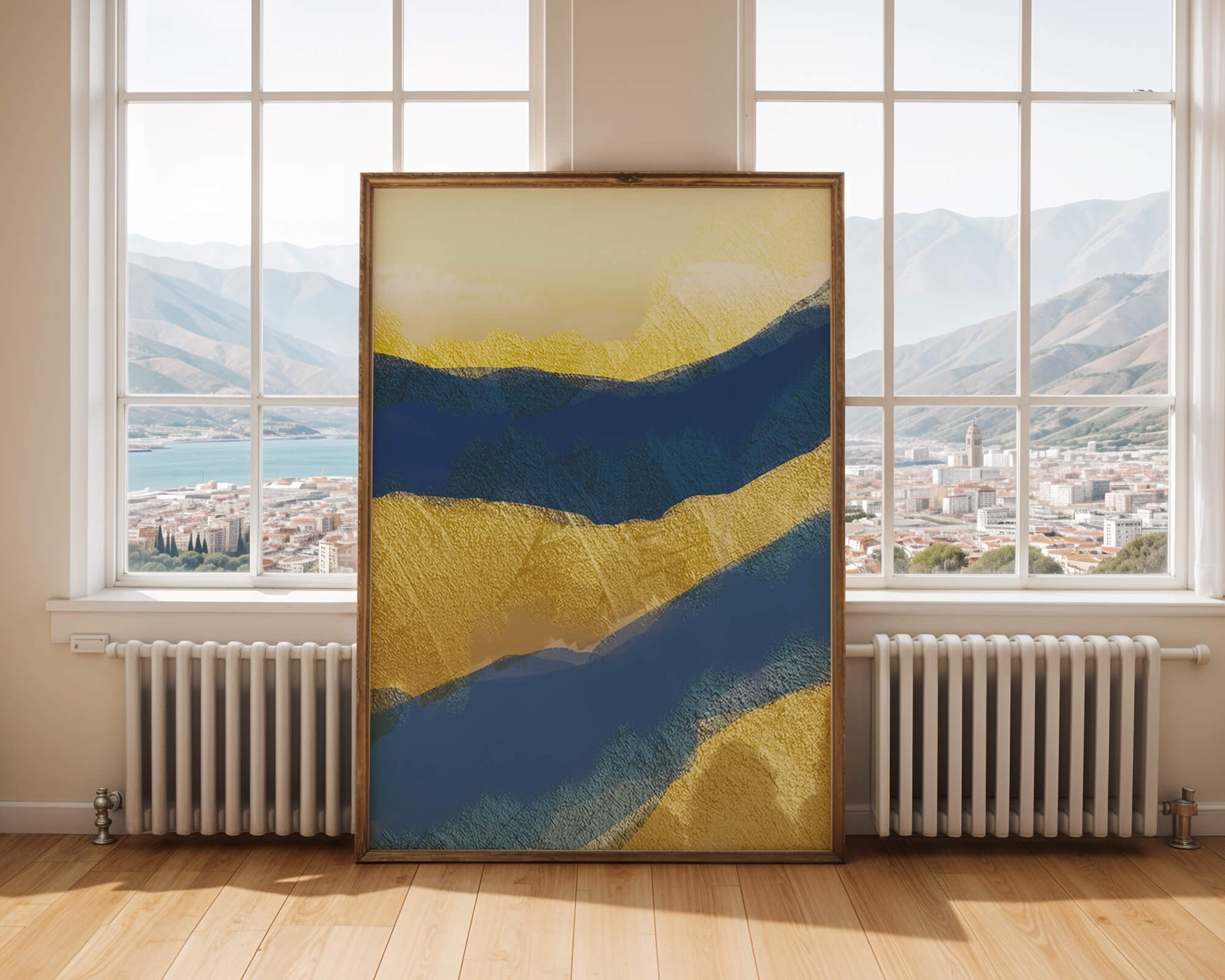 Abstract landscape with blue and yellow textured layers