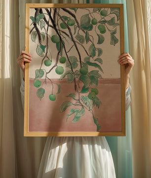 Branches With Green Apples And Leaves Over Pink Background