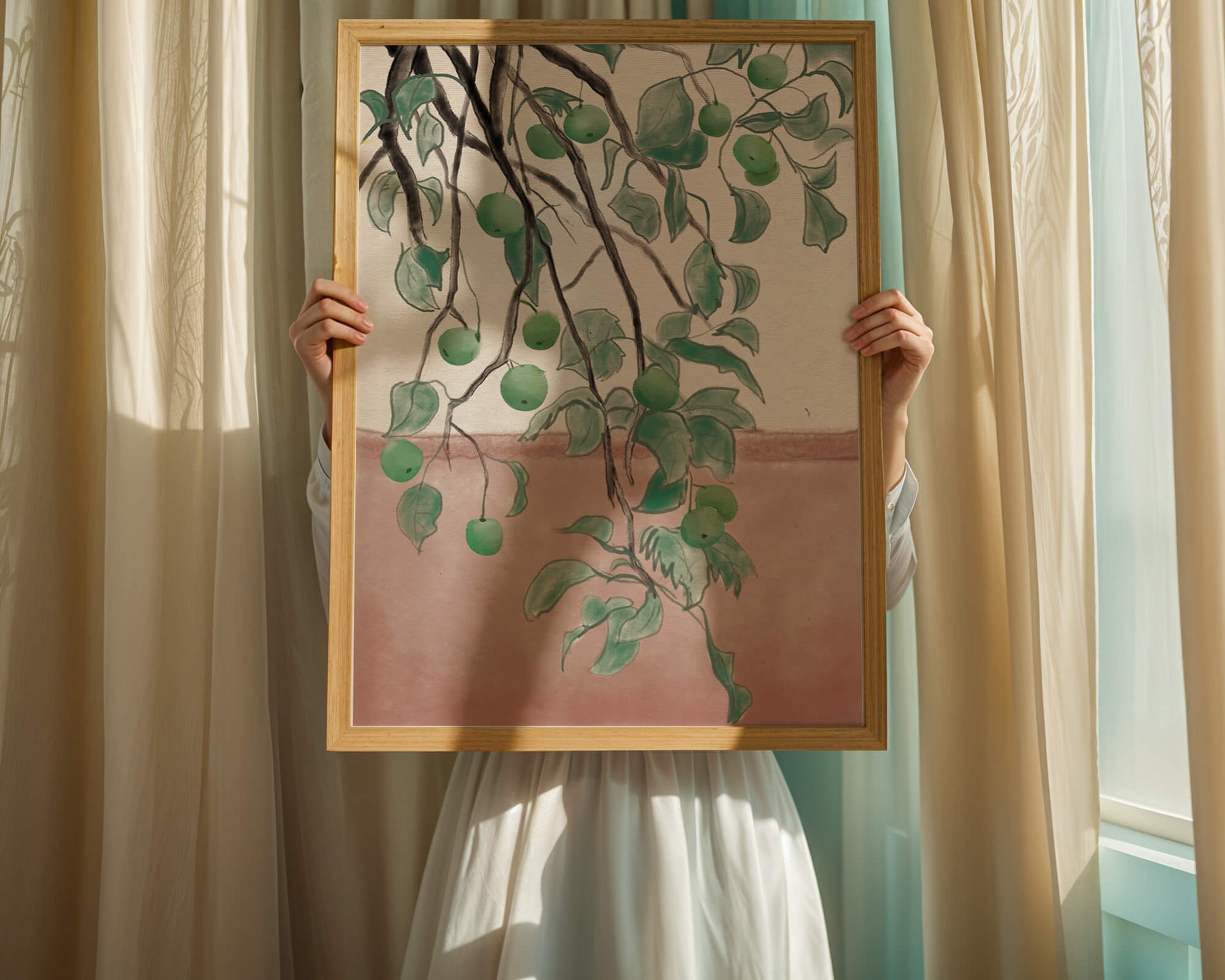 Branches With Green Apples And Leaves Over Pink Background