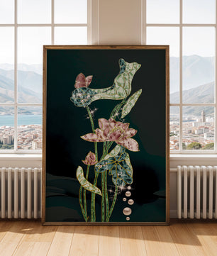 Floral Lotus Design with Gold Accents and Dew Drops