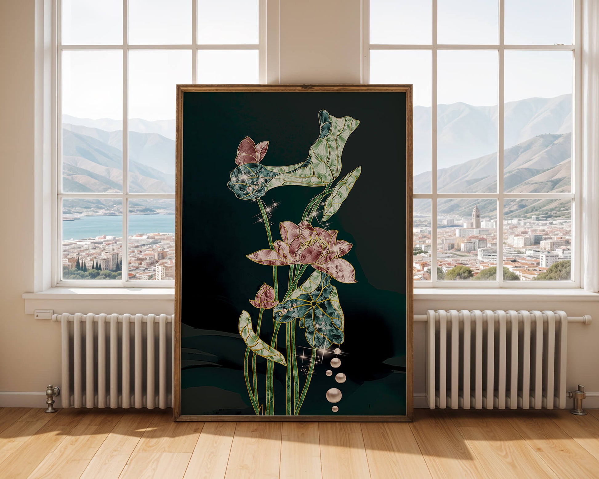 Floral Lotus Design with Gold Accents and Dew Drops