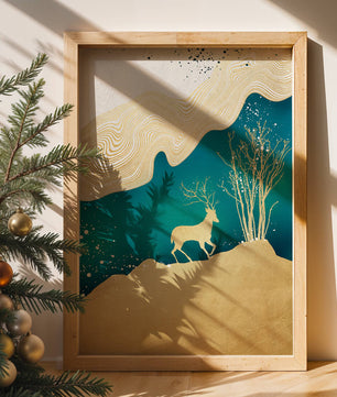 Elegante abstrakte Kunst mit goldenem Hirsch und Naturthema
