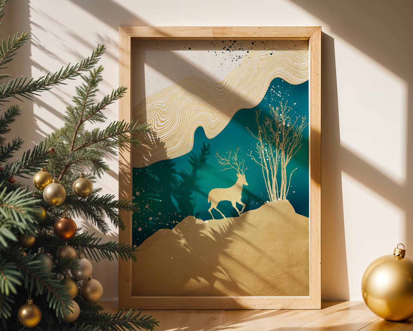 Elegante arte abstracto con ciervos dorados y temática de naturaleza.